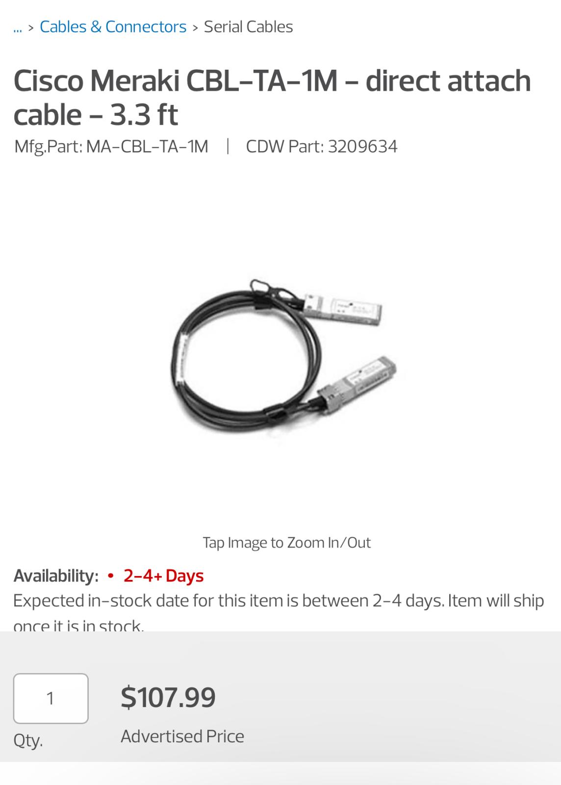 Cisco Meraki CBL-TA-1M Direct Attach Cable - 3.3 ft - Photo 4
