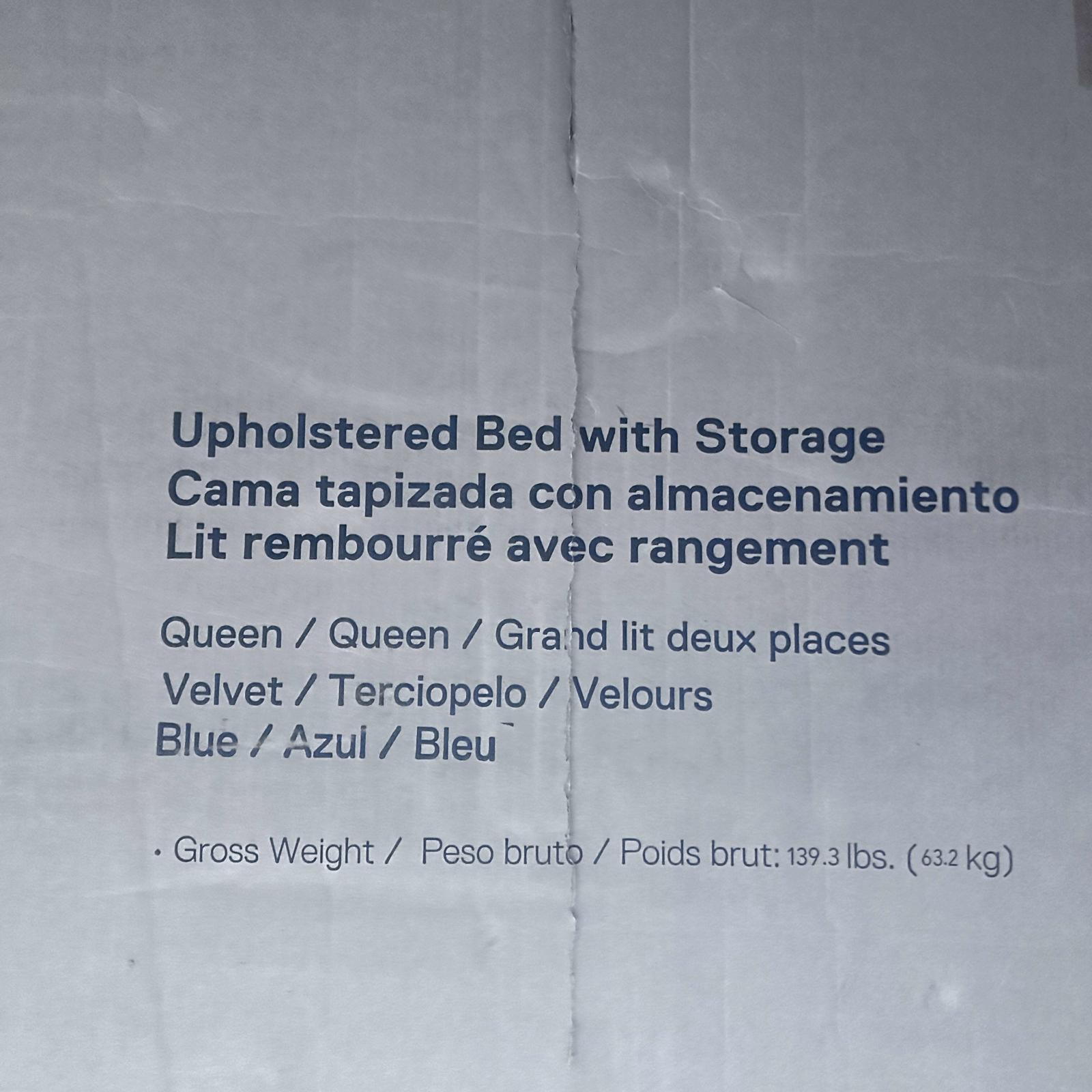 Dorel Upholstered Bed With Storage, Queen, Velvet, Blue - Photo 2