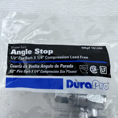 Lot of 2 DuraPro Angle Stop 1/2" Pex Barb X 1/4" Compression at Hydraulics, Pneumatics & Plumbing in new condition