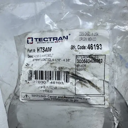 Tectran HTS406 Hose Clamp 4 1/16 In. To 4 3/8 In., Stainless Steel, T Bolt at TamDoUS Taylorsville