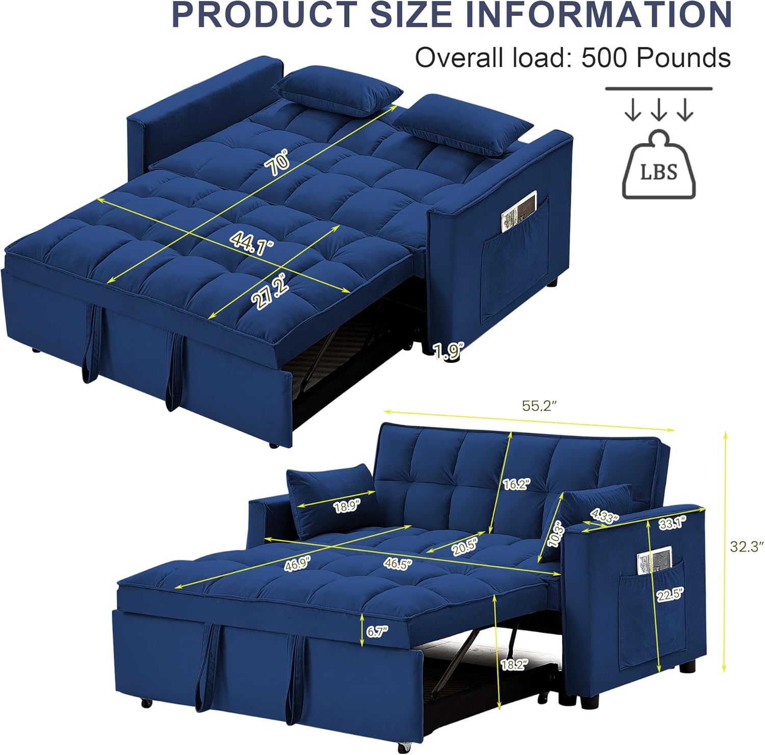 55.2'' Pull Out Couch 2-Seater Sleeper Loveseat - Photo 9