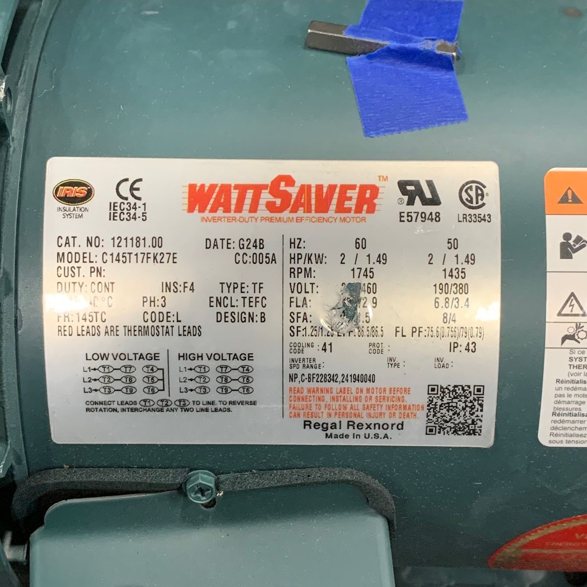 WattSaver C145T17FK27E Electric Motor, 2HP, 1745 RPM, 230/460V, 3PH, TEFC - Photo 6