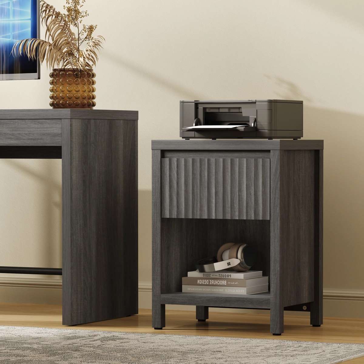 SICOTAS Tall Farmhouse Nightstand, Black Oak, Drawer & Shelf - Photo 8