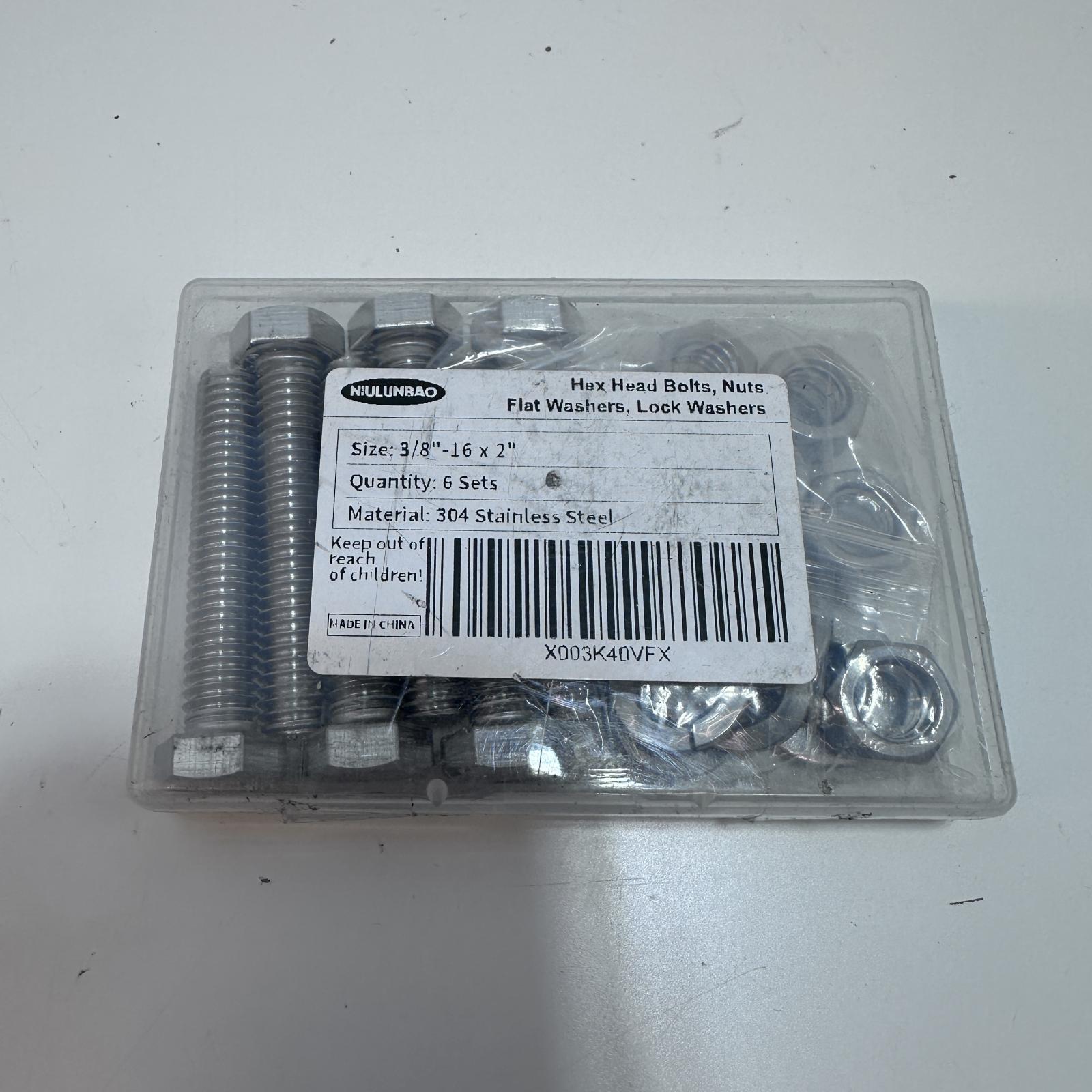 Niulunbao Hex Head Bolts, Nuts, Flat Washers, Lock Washers 3/8"-16x2", 6 Sets - Photo 2