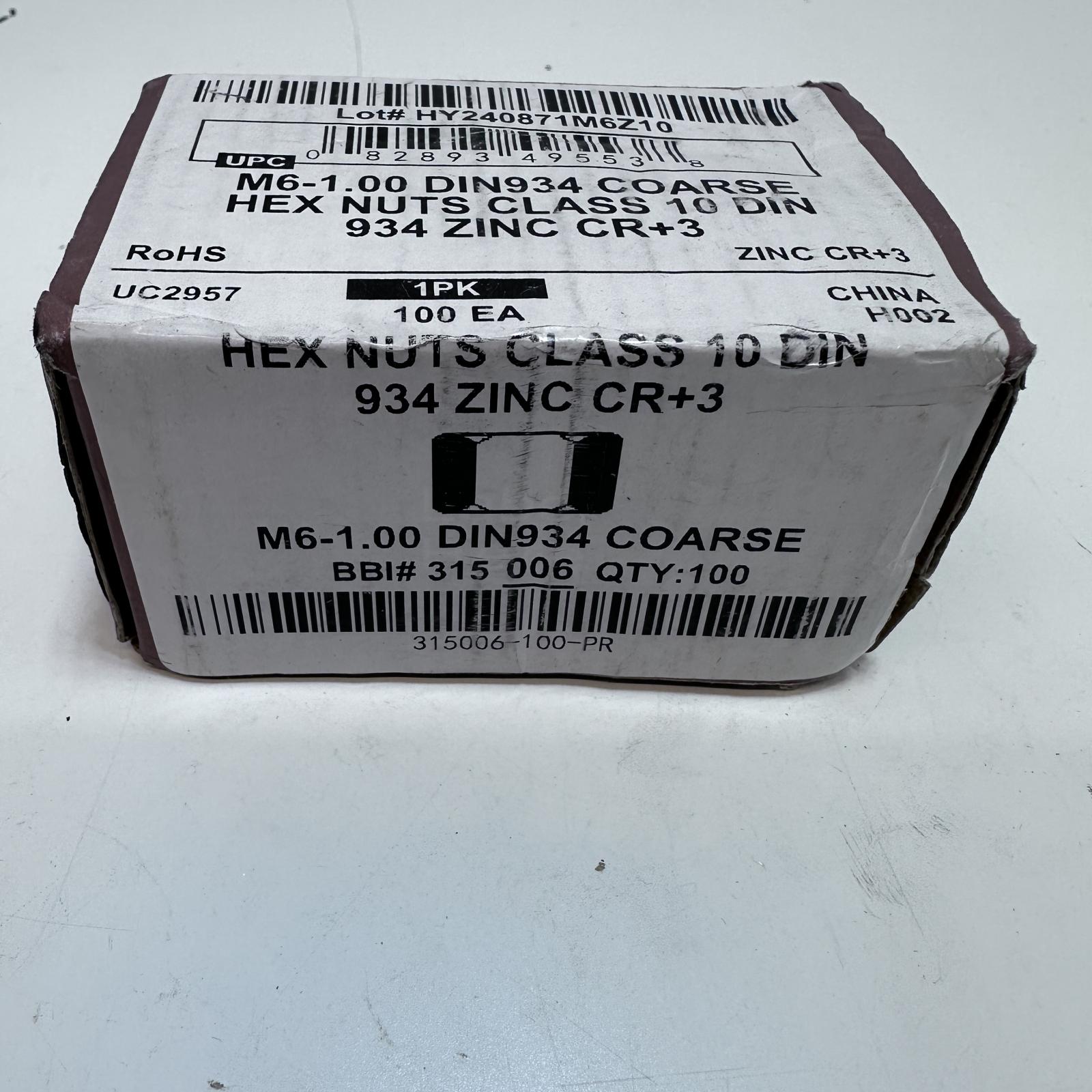 Box of 100 M6-1.00 DIN 934 Coarse Hex Nuts - Photo 2