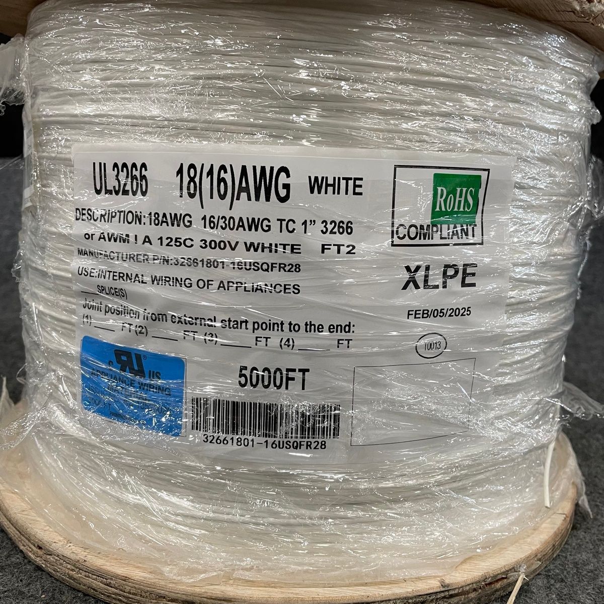 UL3266 18(16) AWG White XLPE Wire, 300V, 5000FT Spool - Photo 3