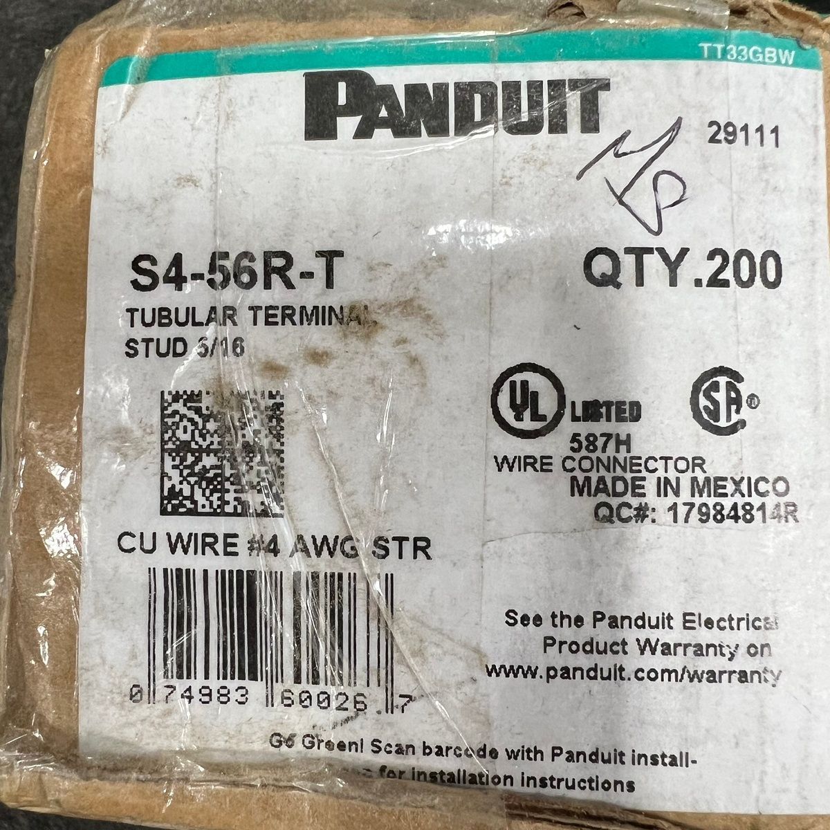 Panduit S4-56R-T Tubular Terminal, 5/16" Stud, Box of 200 - Photo 2