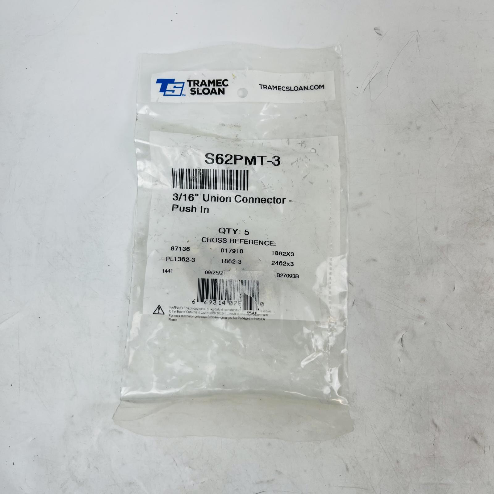 Tramec Sloan S62PMT-3 Union Connector 3/16" Push-In, Pack of 5 - Photo 3