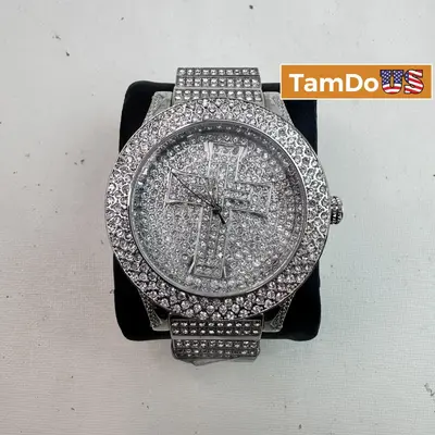 Iced Out Cross Watch $999 Men's 41mm, Full Rhinestone Dial, Gold-Tone Quartz at Watches, Parts & Accessories in excellent condition