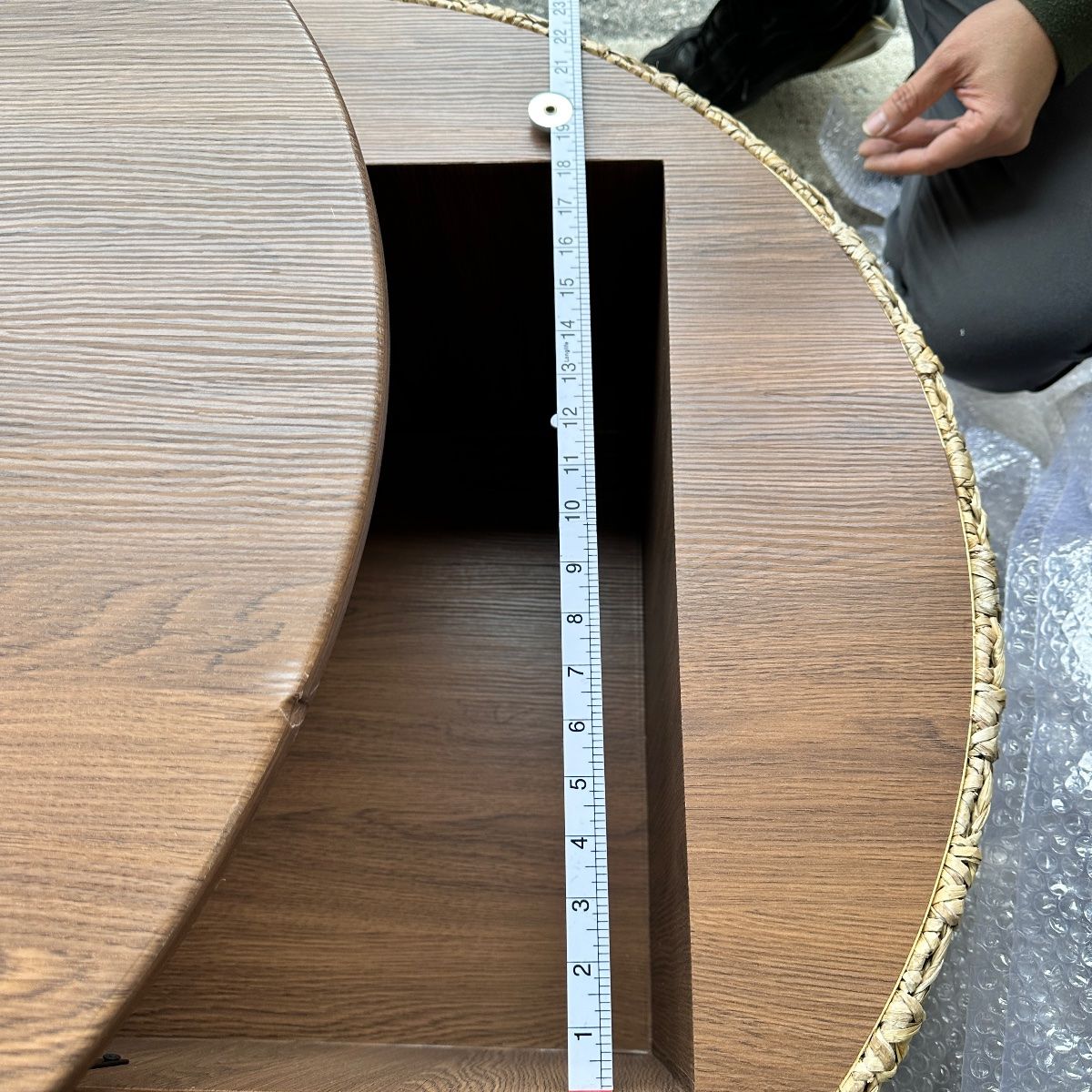 Round Woven Natural Fiber Coffee Table, 31.5" Walnut Top, Modern Boho - Photo 8