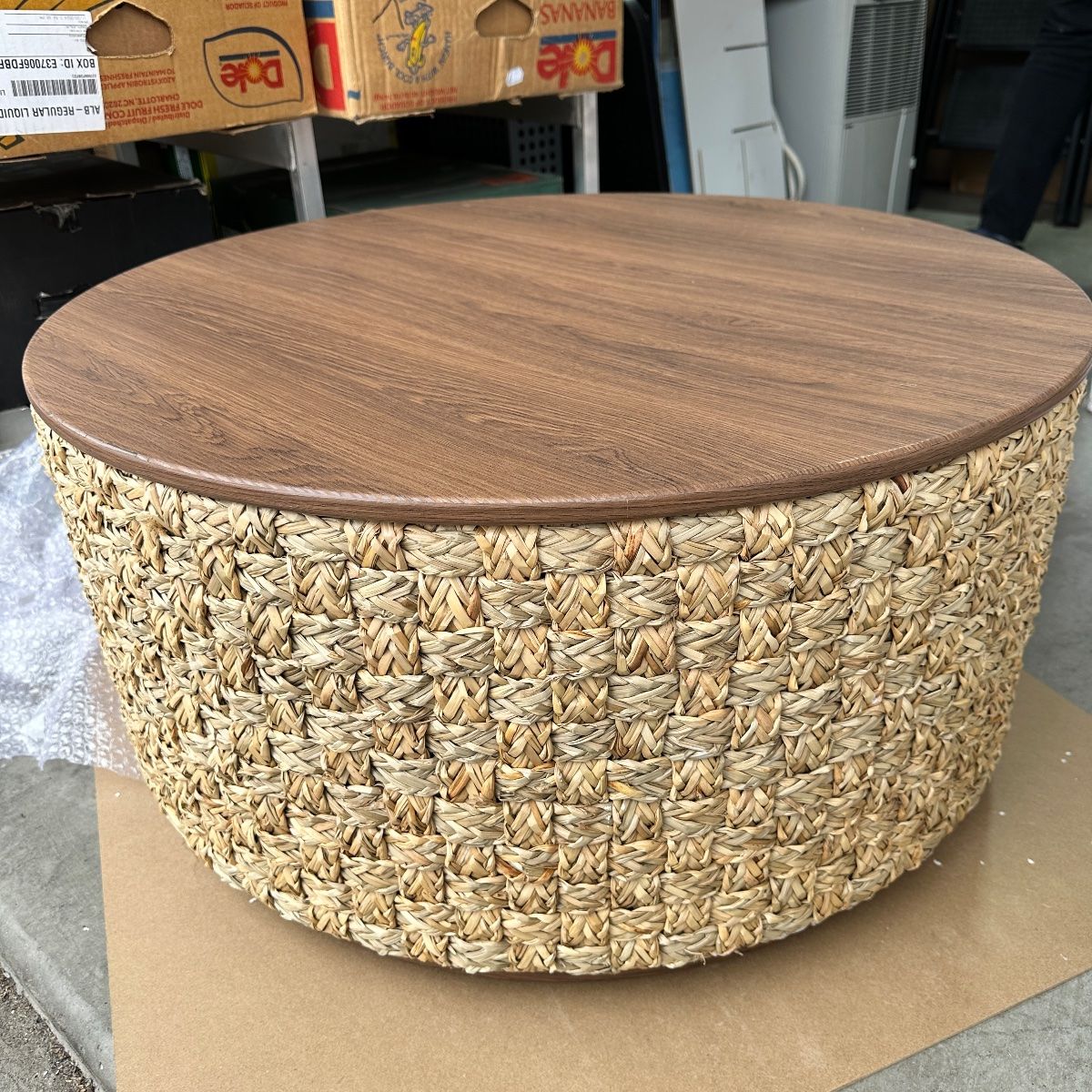 Round Woven Natural Fiber Coffee Table, 31.5" Walnut Top, Modern Boho - Photo 5