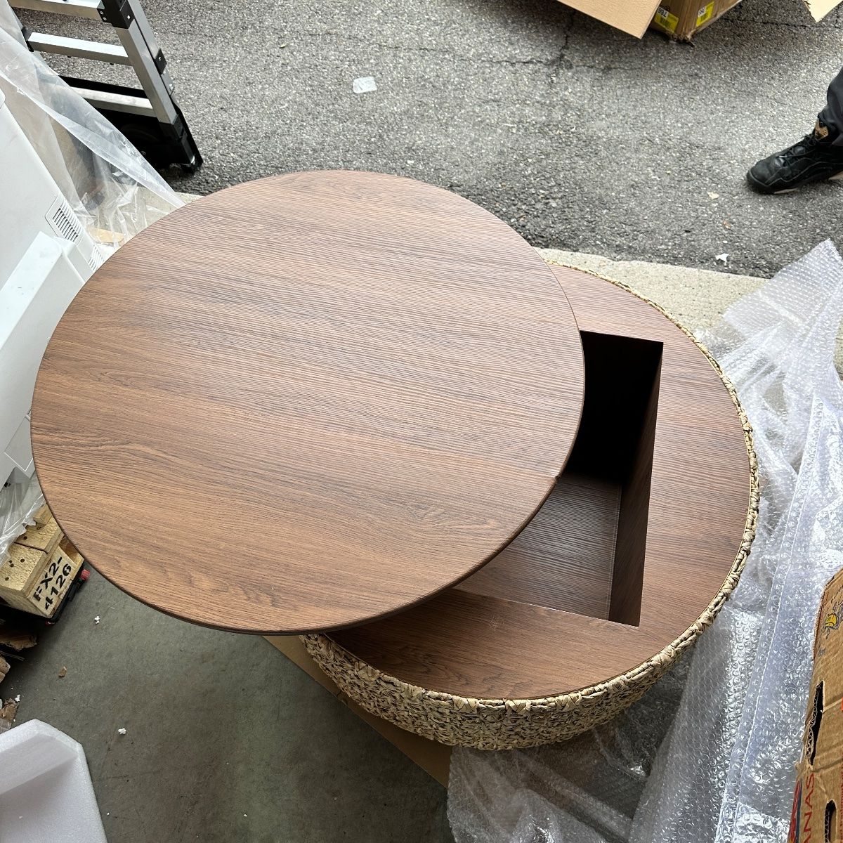 Round Woven Natural Fiber Coffee Table, 31.5" Walnut Top, Modern Boho - Photo 21