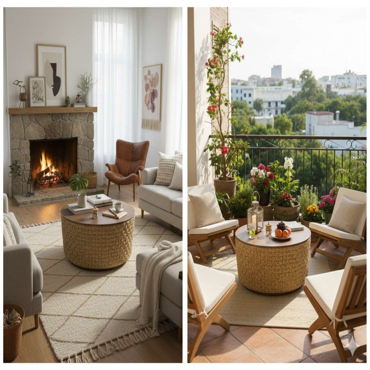 Round Woven Natural Fiber Coffee Table, 31.5" Walnut Top, Modern Boho - Photo 4