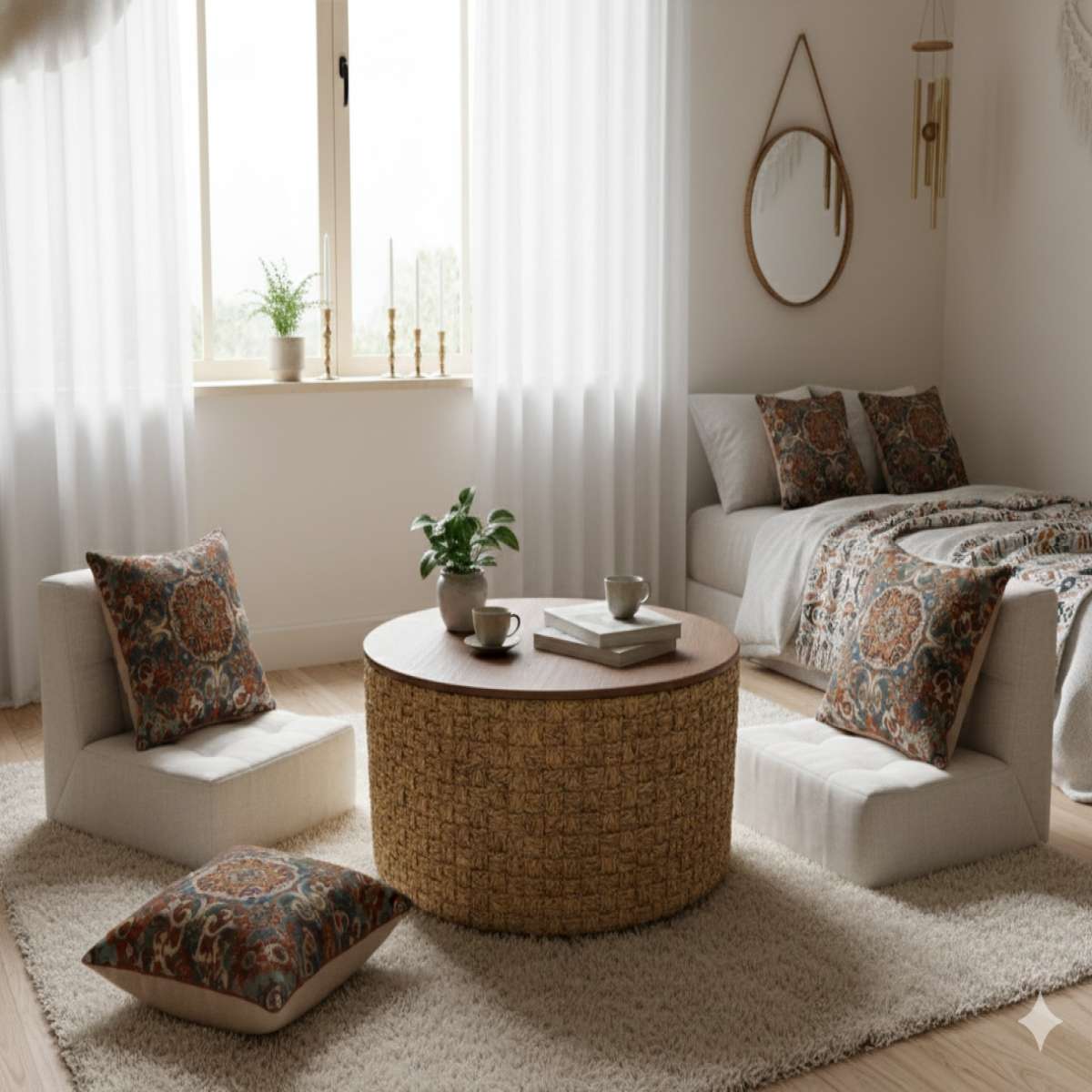 Round Woven Natural Fiber Coffee Table, 31.5" Walnut Top, Modern Boho - Photo 3