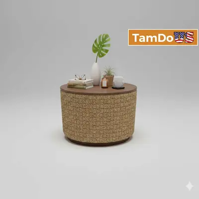 Round Woven Natural Fiber Coffee Table, 31.5" Walnut Top, Modern Boho at Furniture in excellent condition