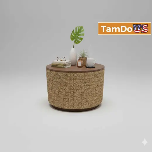 Round Woven Natural Fiber Coffee Table, 31.5" Walnut Top, Modern Boho at TamDoUS Taylorsville