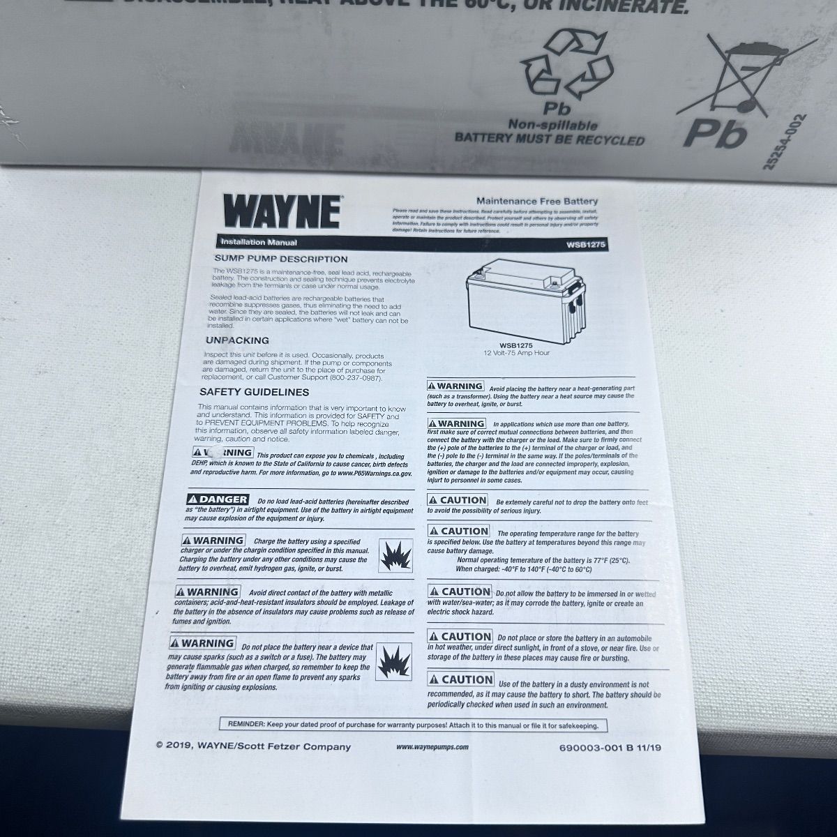 WAYNE WSB1275 12V 75Ah Sealed Lead Acid Battery - Photo 12