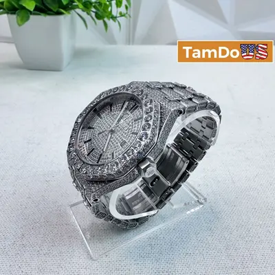 Men’s Luxury Iced Moissanite Watch Silver Tone Full Stone Set Quartz at Watches, Parts & Accessories in excellent condition